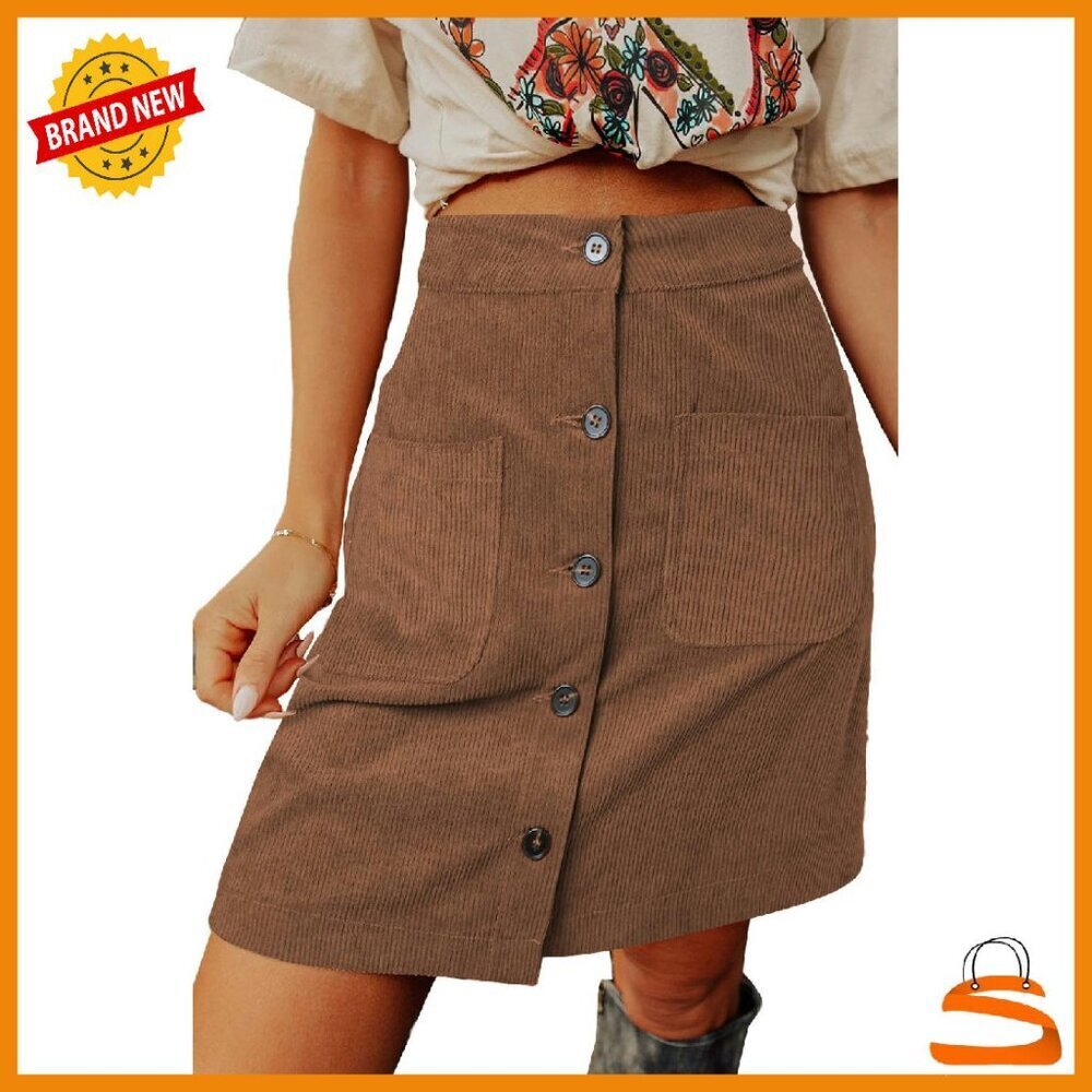High Waisted Corduroy Mini Skirt with Pockets A-Line Button Down